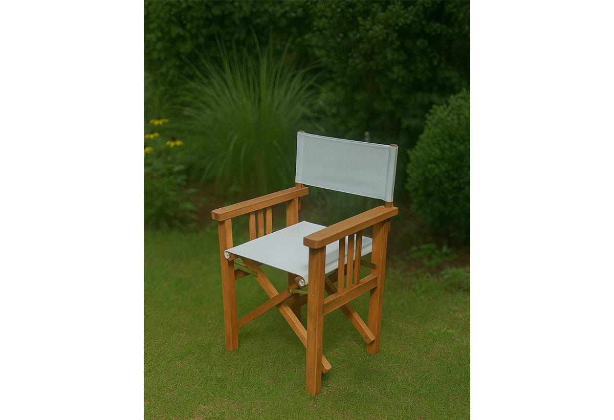 Απεικονίζεται η καρέκλα σκηνοθέτη σε εναν κήπο 